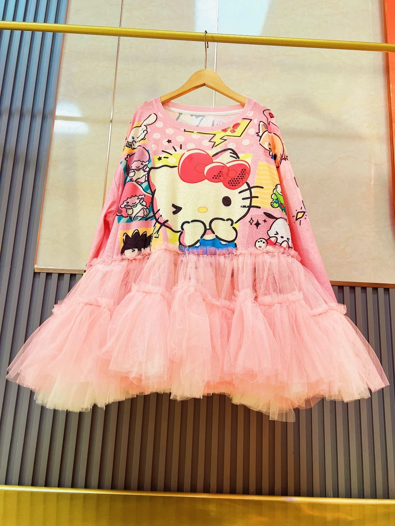 2332【熙妮潮牌】潮牌设计师私人定制猫咪涂鸦防晒衣拼纱裙甜美宽松