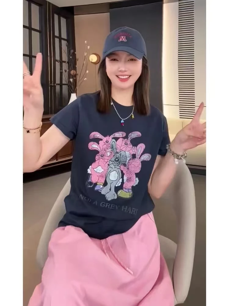藏蓝色卡通兔印花t恤女2025新款夏季穿搭独特气质小众不撞款上衣