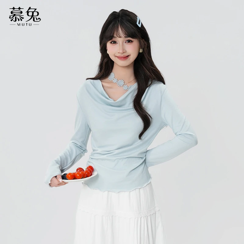 慕兔气质紫色拼接荡领长袖t恤女2025春新款设计感小众木耳边上衣