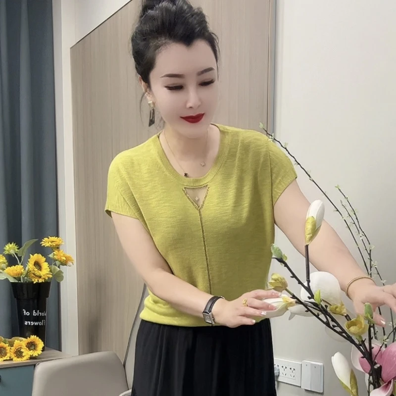 666宽松夏季镂空薄款女短袖毛针织衫ol女装打底衫纯色显瘦气质v领