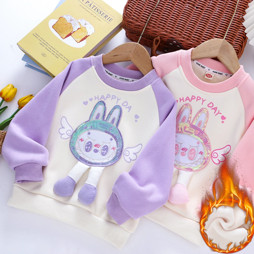 女童纯棉加绒立体拉布卫衣25秋冬款儿童装小女孩宝宝加厚保暖上衣