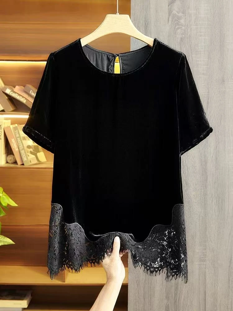 真丝丝绒拼接蕾丝修身型薄款衬衫