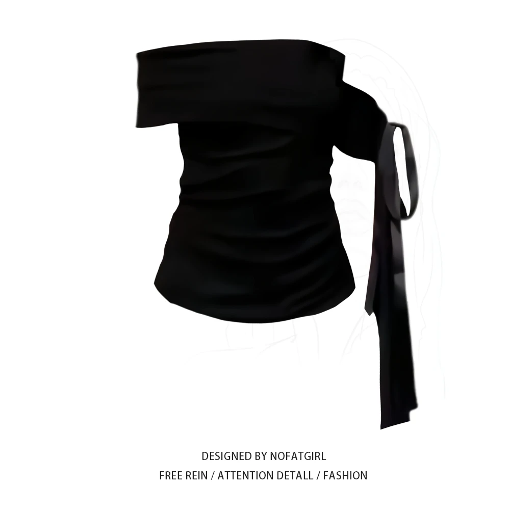 大码胖MM纯欲辣妹斜肩飘带T恤女夏季新款修身显瘦设计感独特上衣