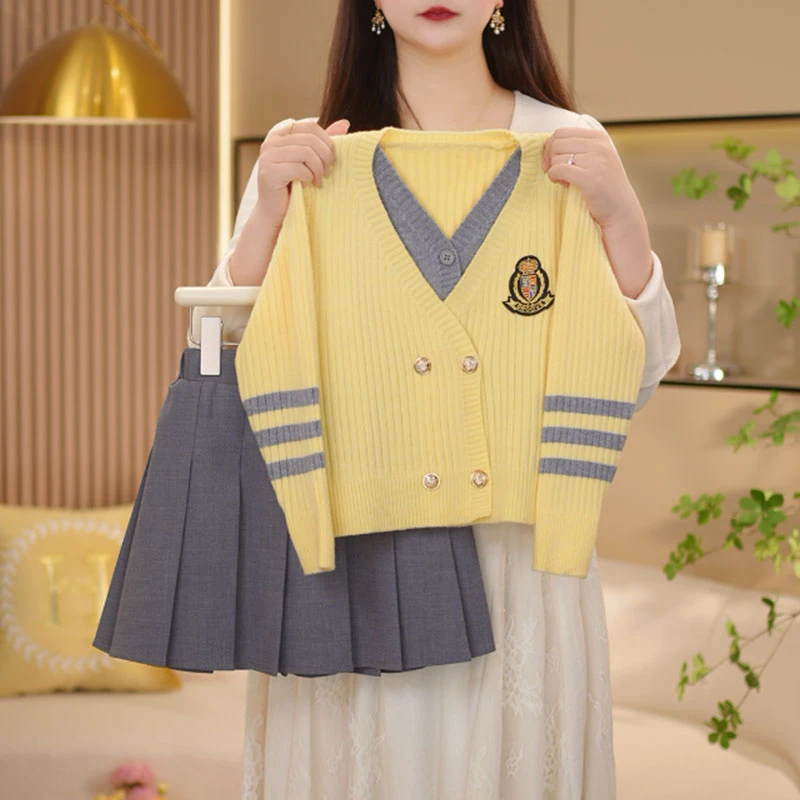 【闺蜜家】女童2025春季新款学院风假两件v领上衣+百褶裙套装-8028