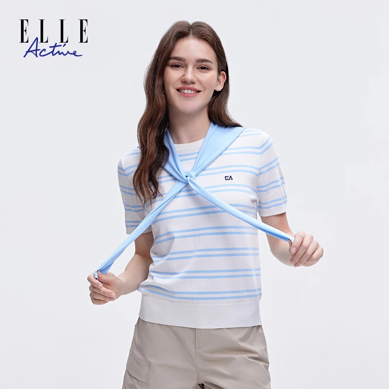 ELLE Active【可拆卸披肩】丹宁风条纹针织衫撞色休闲短袖女式上衣