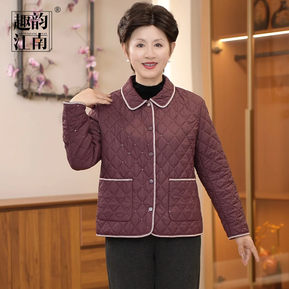 趣韵江南奶奶装格纹休闲中老年外套春秋时尚百搭气质宽松翻领上衣