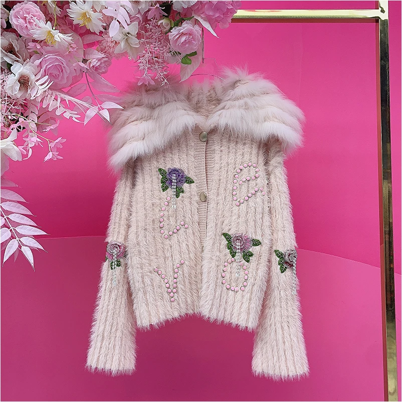 A3803欧美设计师2025秋季新款重工钉钻刺绣流苏串珠花朵毛衣外套