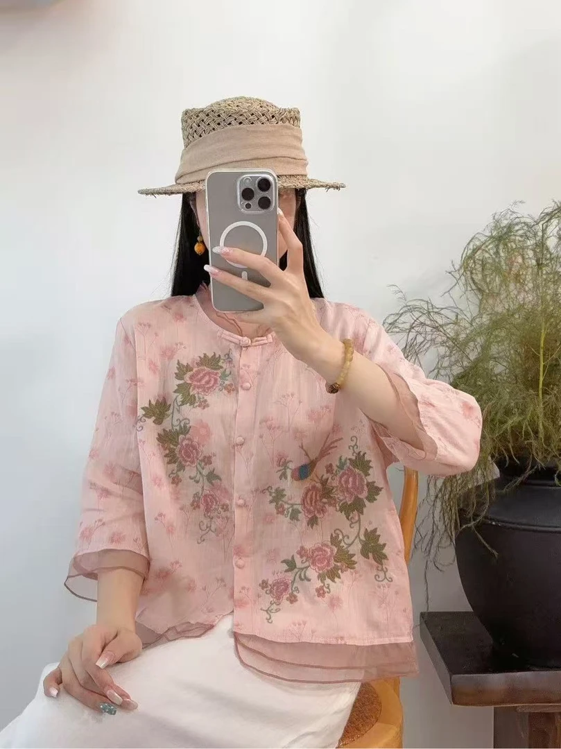 薄款新中式夏季刺绣碎花印花衬衫外套休闲百搭复古风