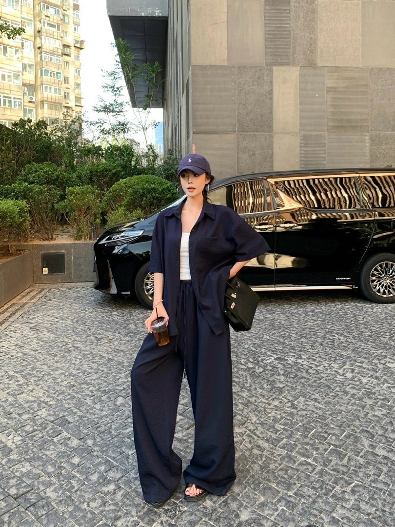 夏季慵懒风老钱风时尚套装短袖透气轻氧衬衫高腰休闲阔腿裤1019#