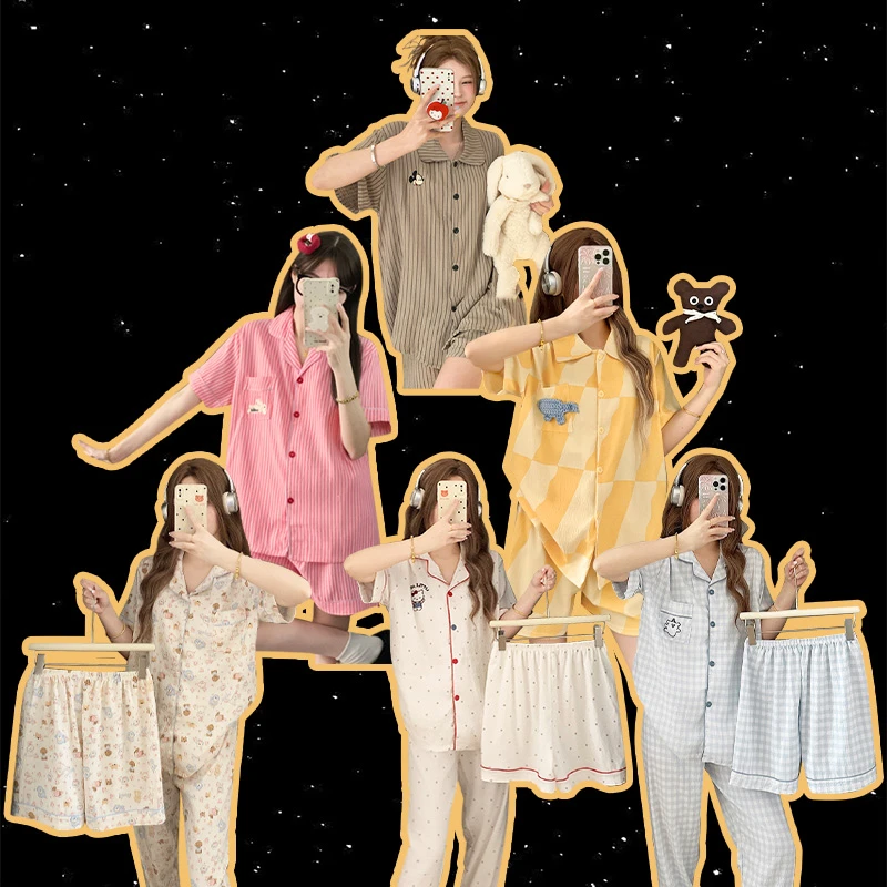 【短袖云朵细纱绵】可爱睡衣女士春夏季短袖长裤甜美学生家居服外穿