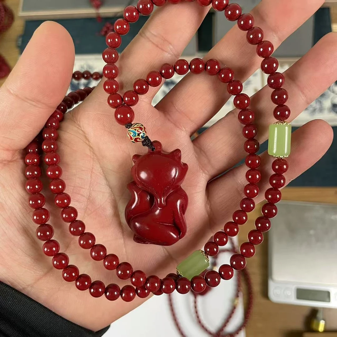 含辰砂工艺品精工设计珠链搭配雕刻狐狸毛衣链项链