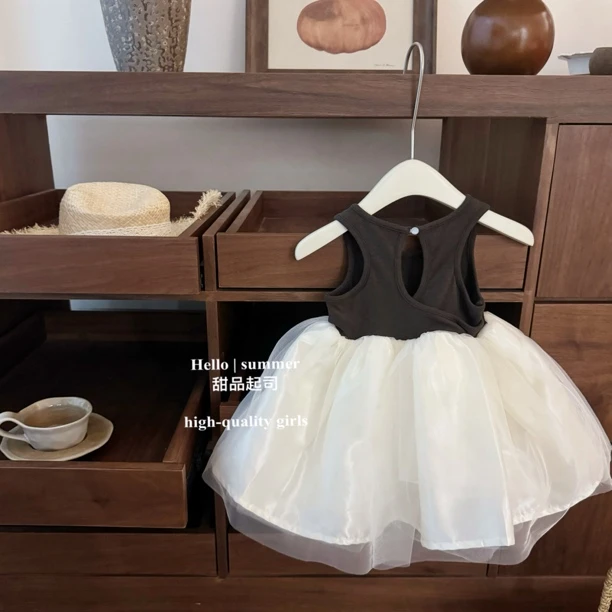 【甜品起司】美爆了！女宝宝洋气高级拼接背心蓬蓬纱裙公主周岁礼服