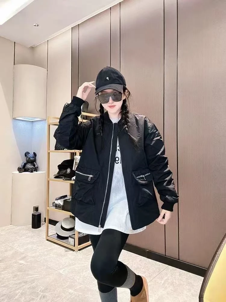 早秋宽松显瘦工装风上衣女黑色设计感拼接拉链长袖开衫外套352248