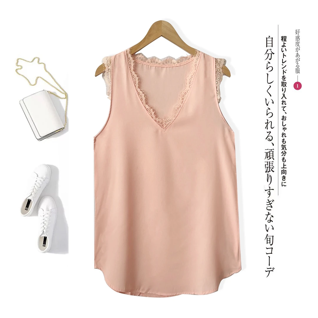 线下订单!夏季百搭V领蕾丝拼接不规则底边无袖背心ZJ554