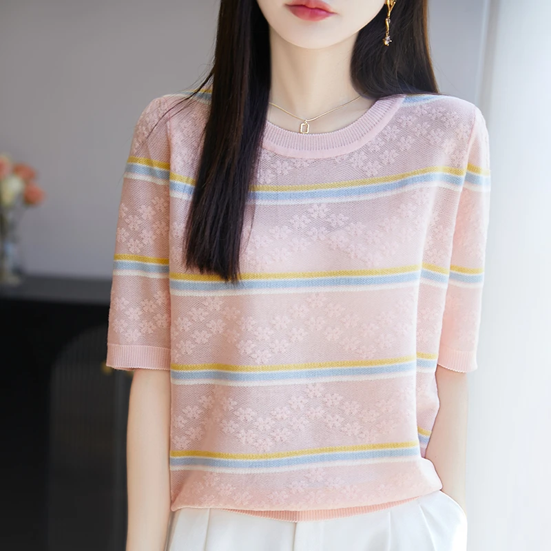 正品哥弟新款短袖t恤减龄洋气女装2025夏季圆领条纹桑蚕丝半袖T恤