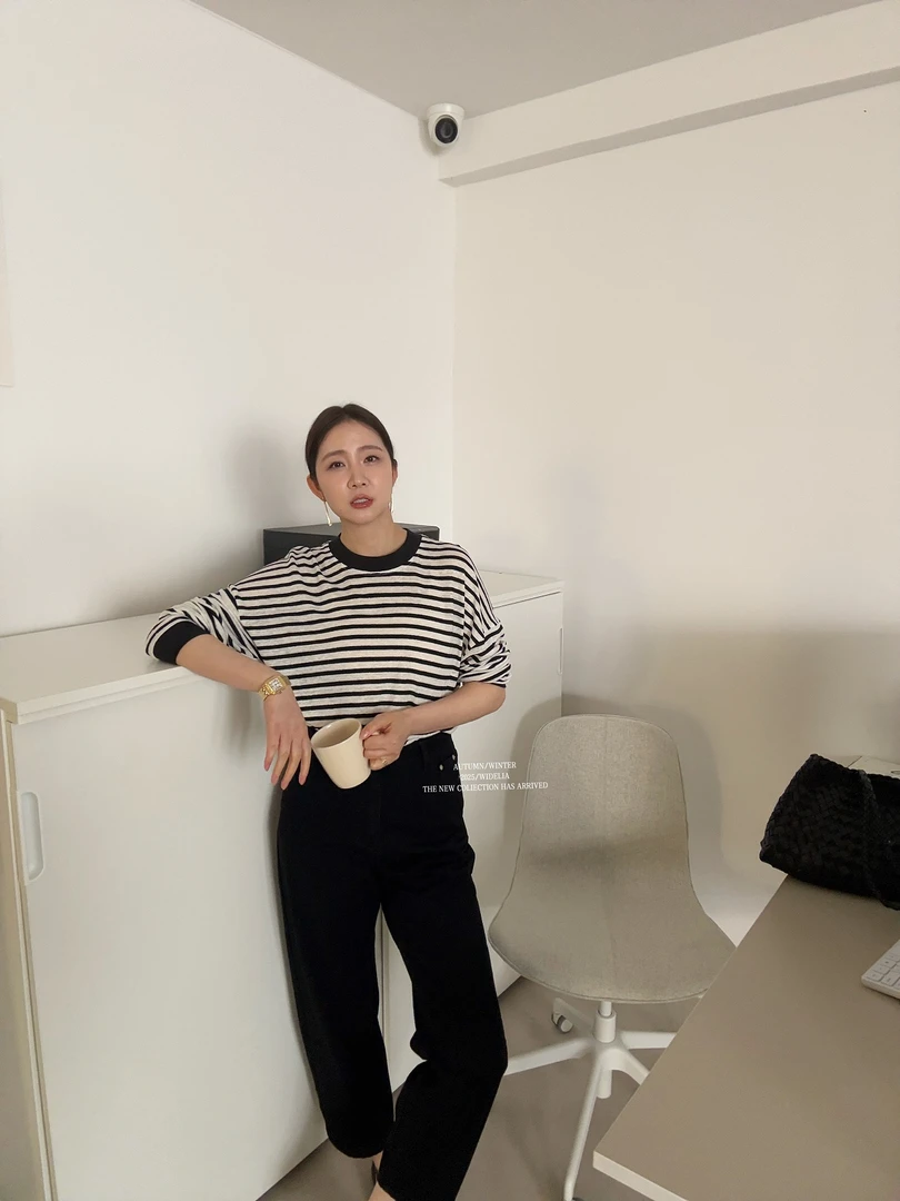 WIDELIA拼色条纹时尚百搭春季韩版宽松显瘦慵懒风T恤707125