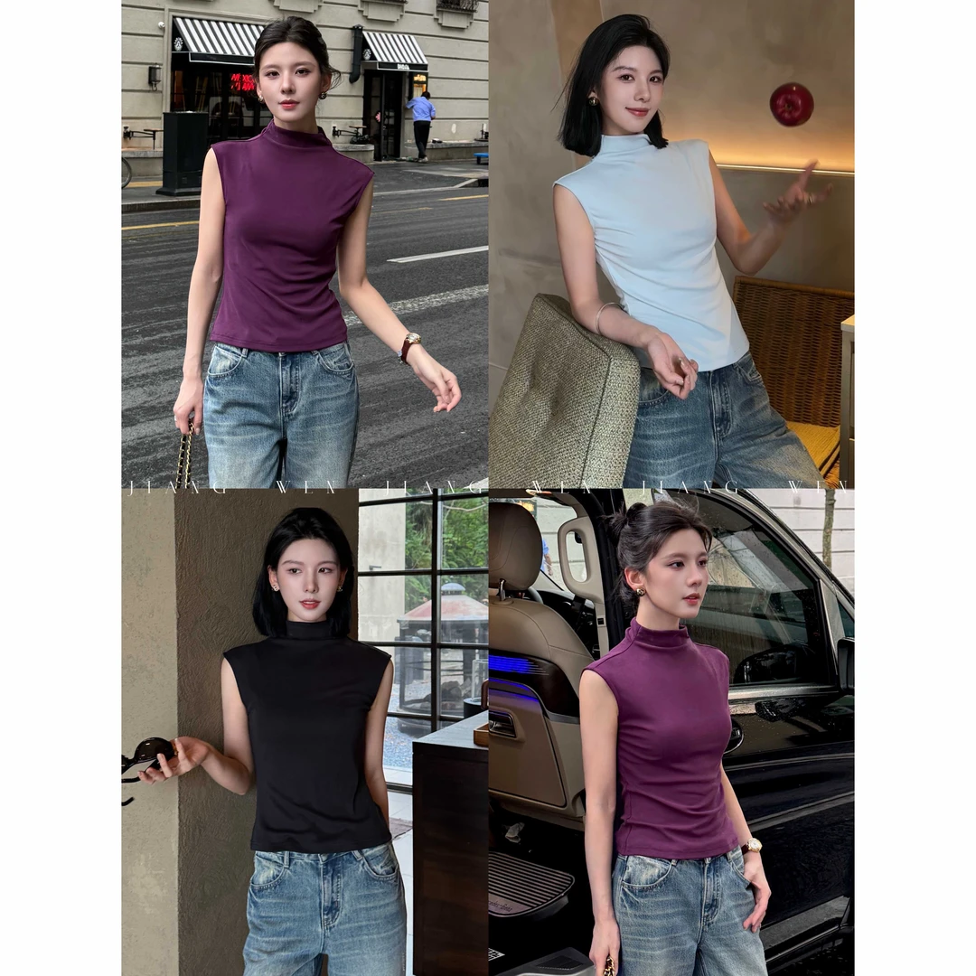 【纸片TEE】法式复古半高领无袖背心上衣