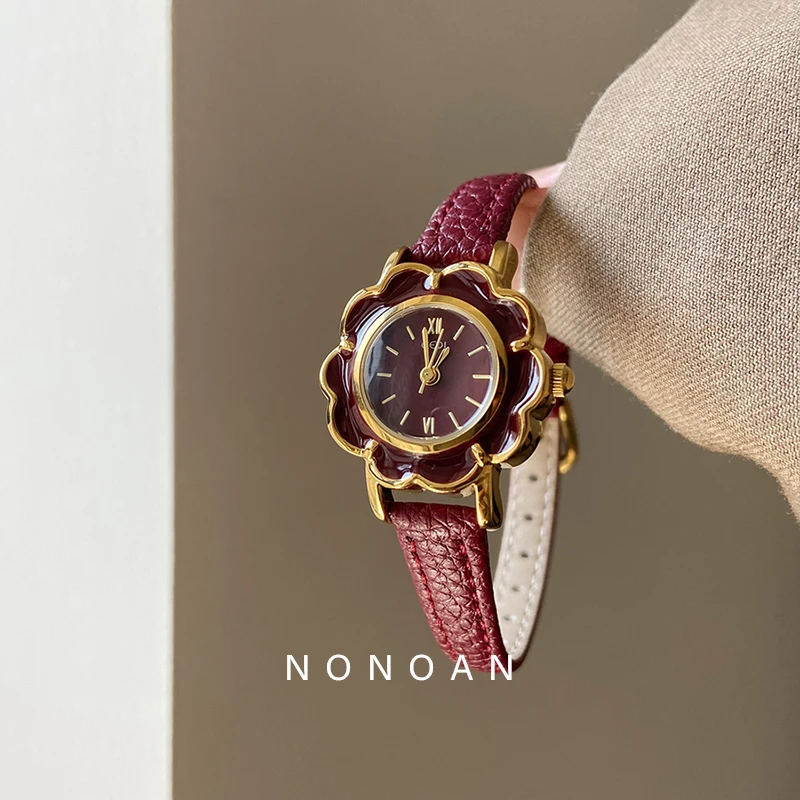 NONOAN 山茶花圆形手表女ins风轻奢气质小众复古高级感石英表314