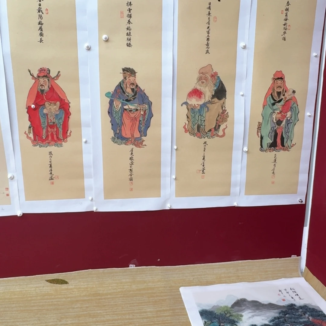 国画福禄寿喜图四张四条屏