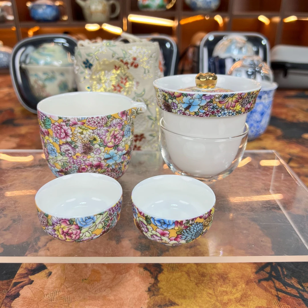 万花快客一壶两杯带刺绣包