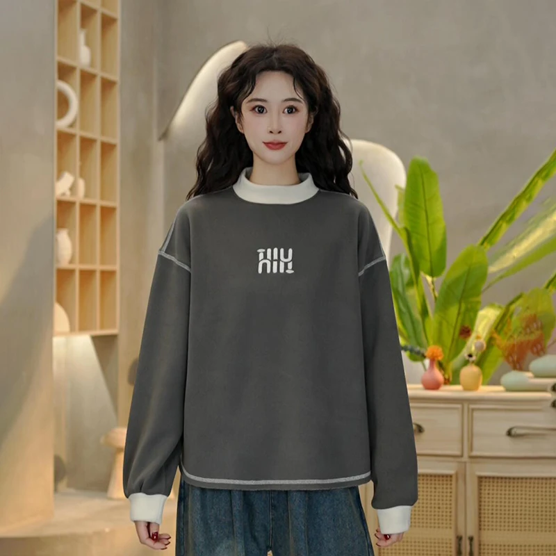 6653 秋冬新款纳米绒加绒加厚圆领字母刺绣卫衣时尚百搭上衣