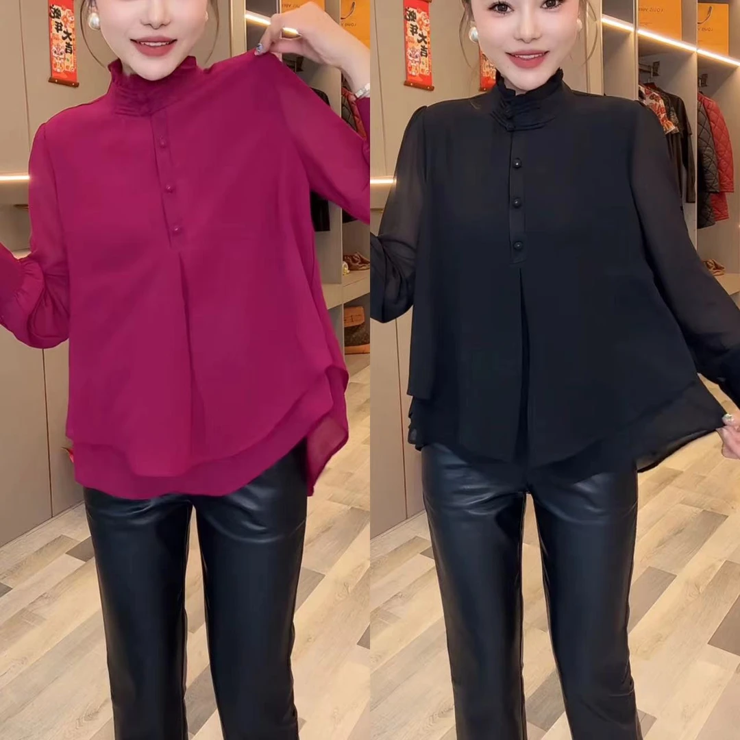 气质长袖打底双层拼接上衣春季新款立领盘扣爆款衬衫女