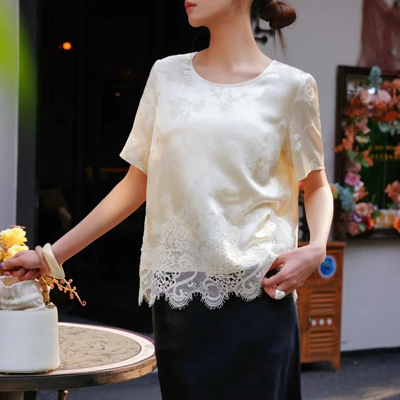 新中式圆领T恤宽松提花夏季米白色通勤打底蕾丝拼接短袖文艺百搭