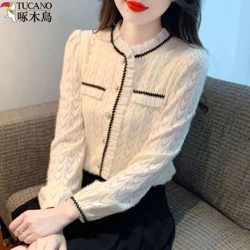 啄木鸟法式小香风洋气上衣女装秋冬季百搭甜美减龄气质长袖蕾丝衫