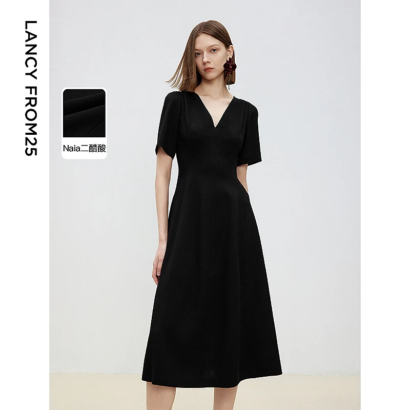 朗姿醋酸长裙子2025年春季新款法式收腰黑色高级感气质a字连衣裙