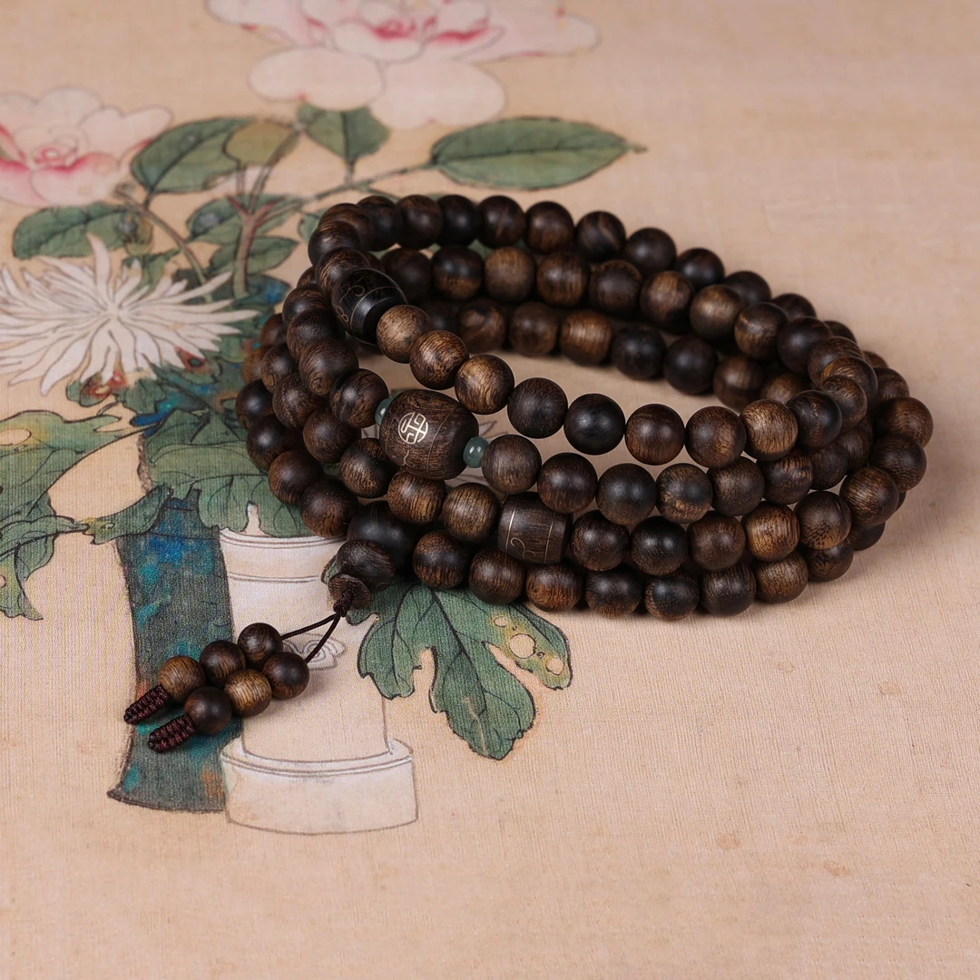 沉香越南芽庄沉水赛级留疤老白棋0.8*108长链多圈手串