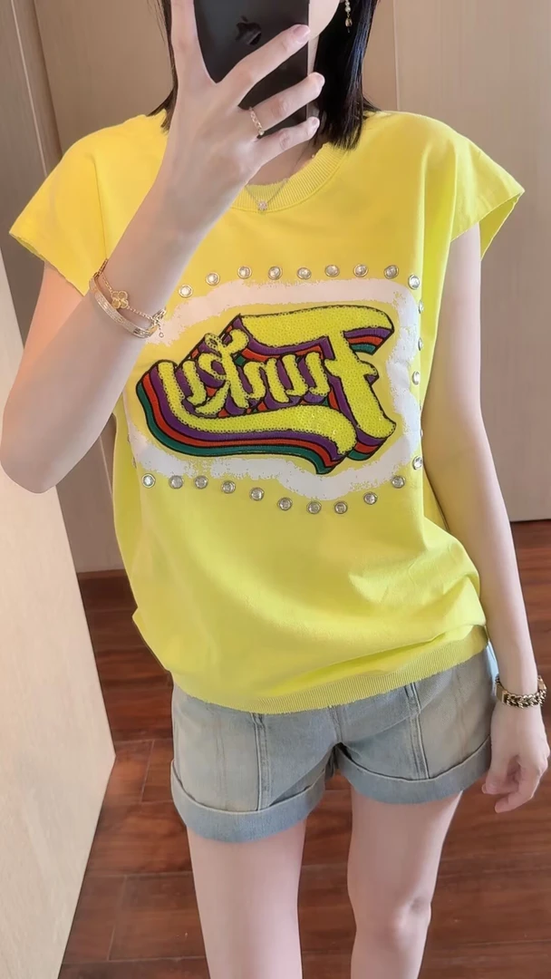 【张静芝】夏季新品~洋气时髦烫钻字母印花显白无袖女生T恤