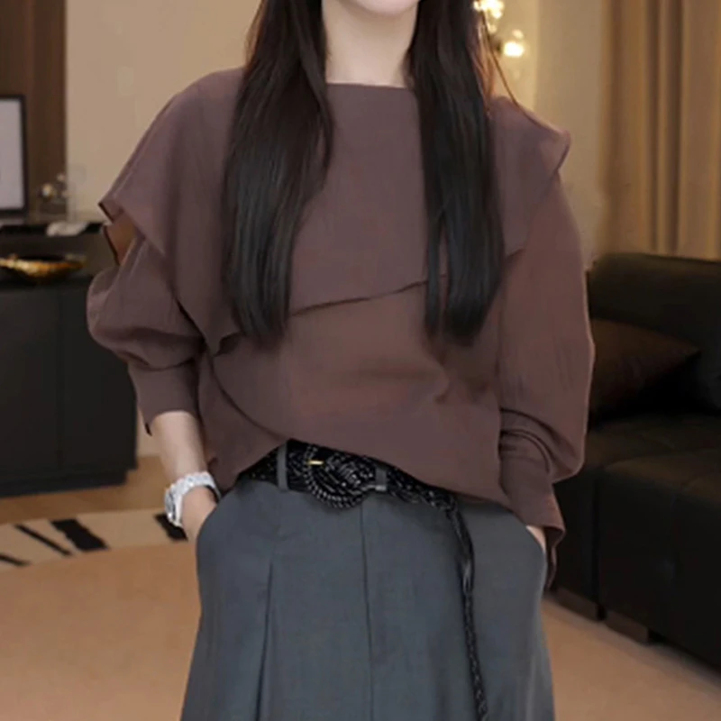 大码不规则拼接设计感长袖衬衫女早秋薄款胖MM显瘦宽松超好看衬衣