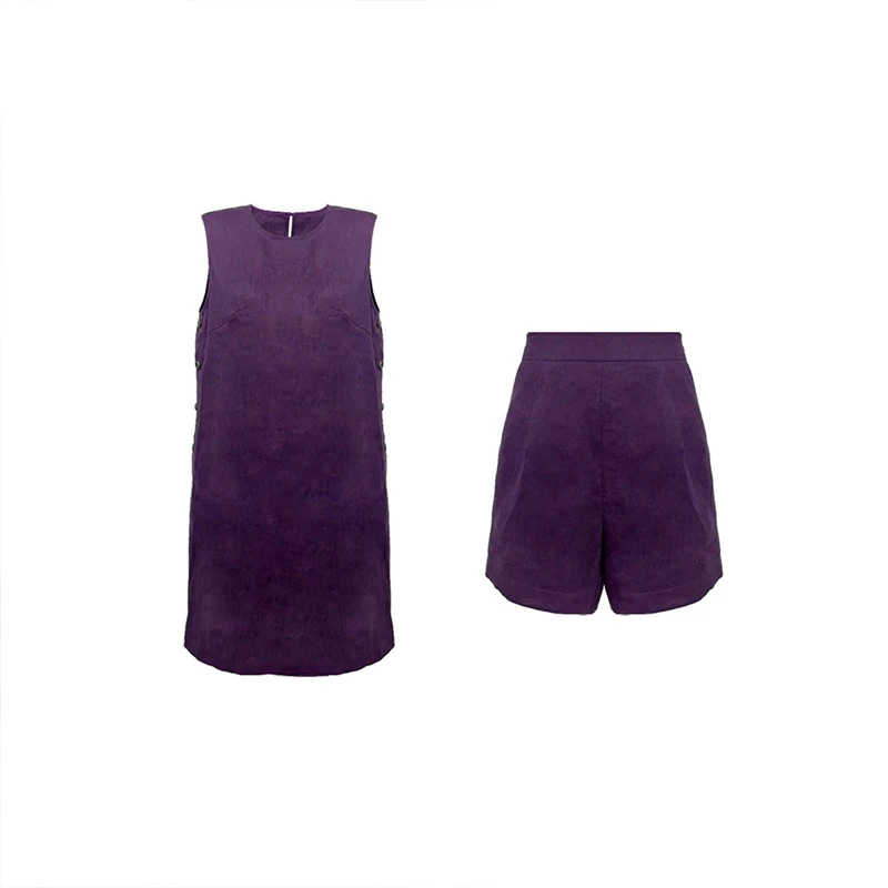 超火夏装一整套绝美气质高级感小香风紫色无袖圆领衬衫短裤套装女
