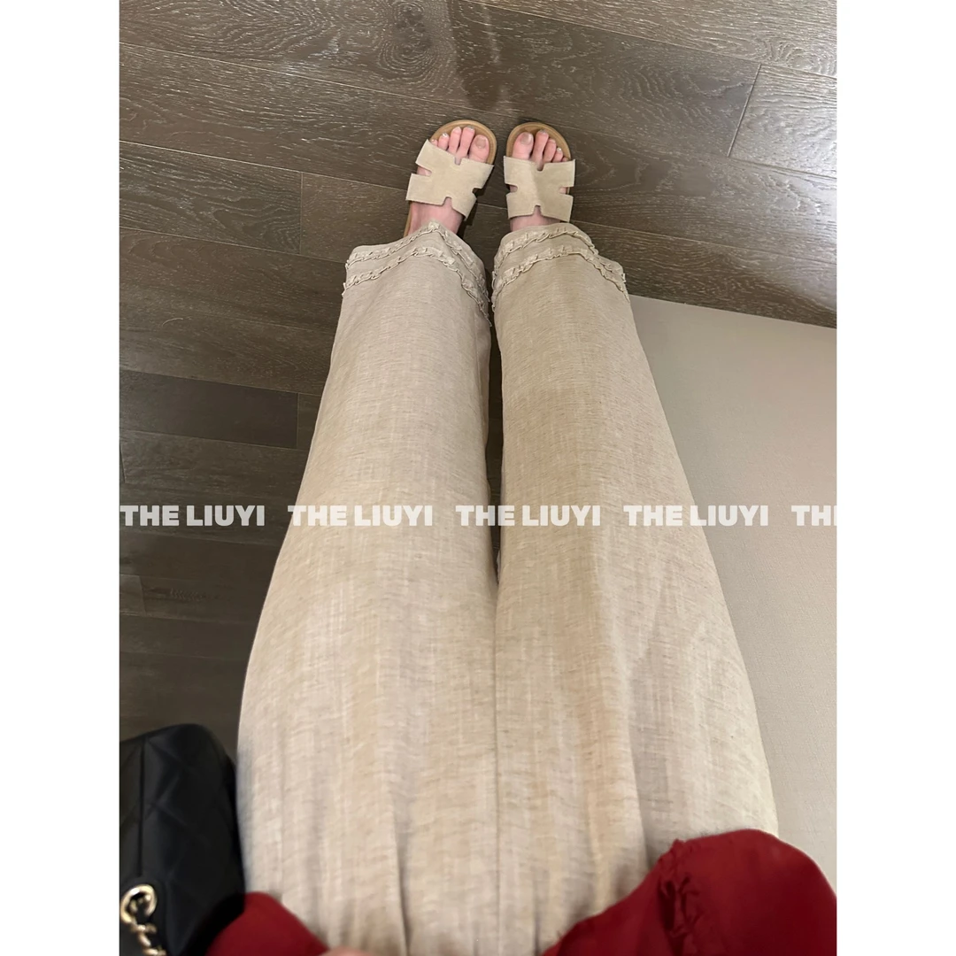 【LIUYI】亚麻混纺直筒花边九分裤57013