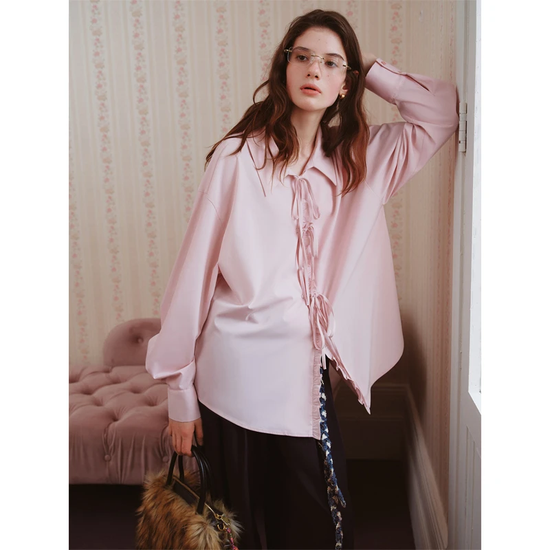 范思蓝恩法式门襟木耳边绑带衬衫2025秋新款宽松领上衣25FS13258