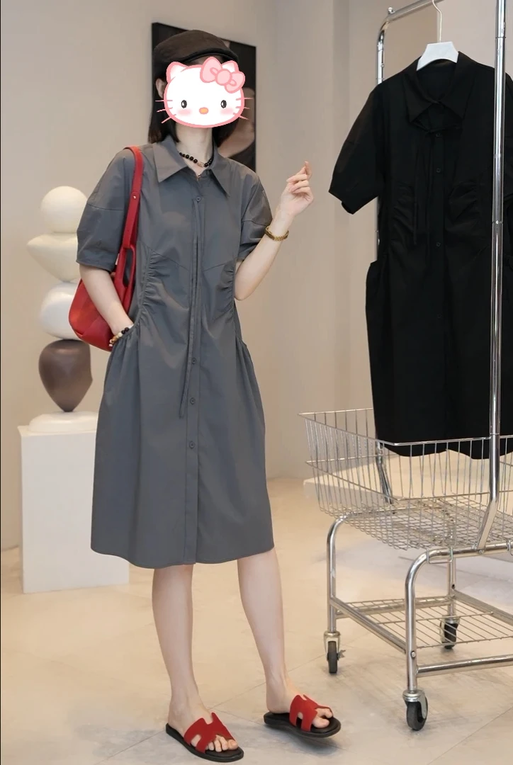 【悦己】夏季新款休闲时尚百搭翻领大口袋宽松显瘦短袖衬衫连衣裙