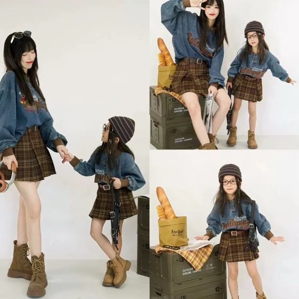 2025超火亲子装母女街头潮牌POLO领牛仔衬衫秋季美式复古长袖卫衣