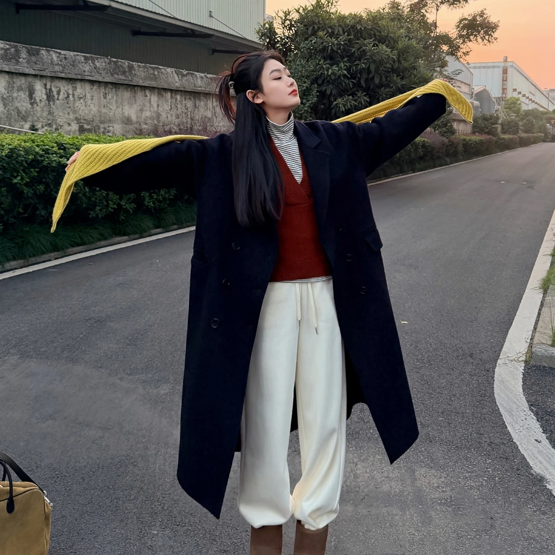【原创大衣】韩系气质高级宽松显瘦双排扣羊毛大衣-M25412316