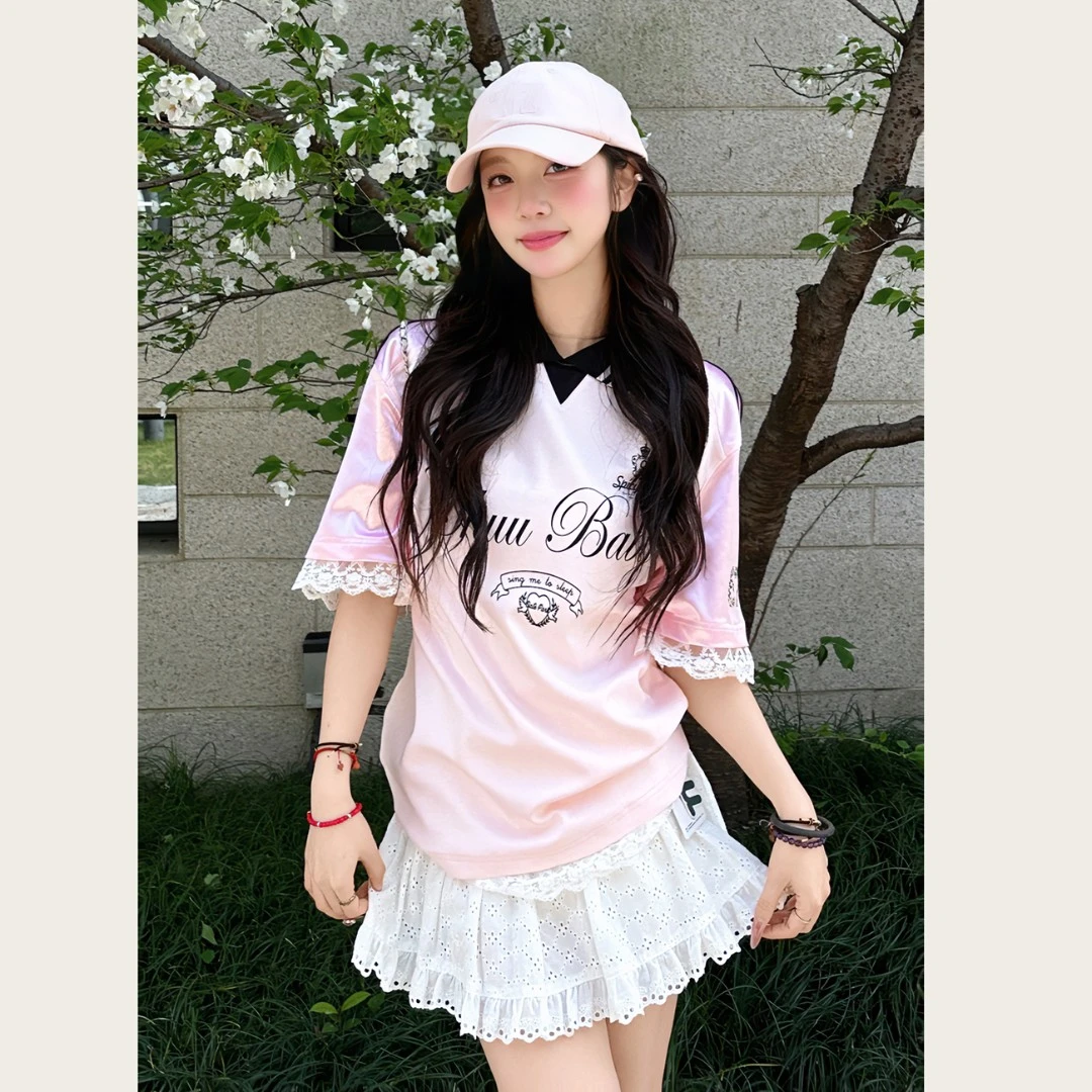 CHUU夏季女装字母印花蕾丝拼接设计宽松撞色翻领短袖T恤
