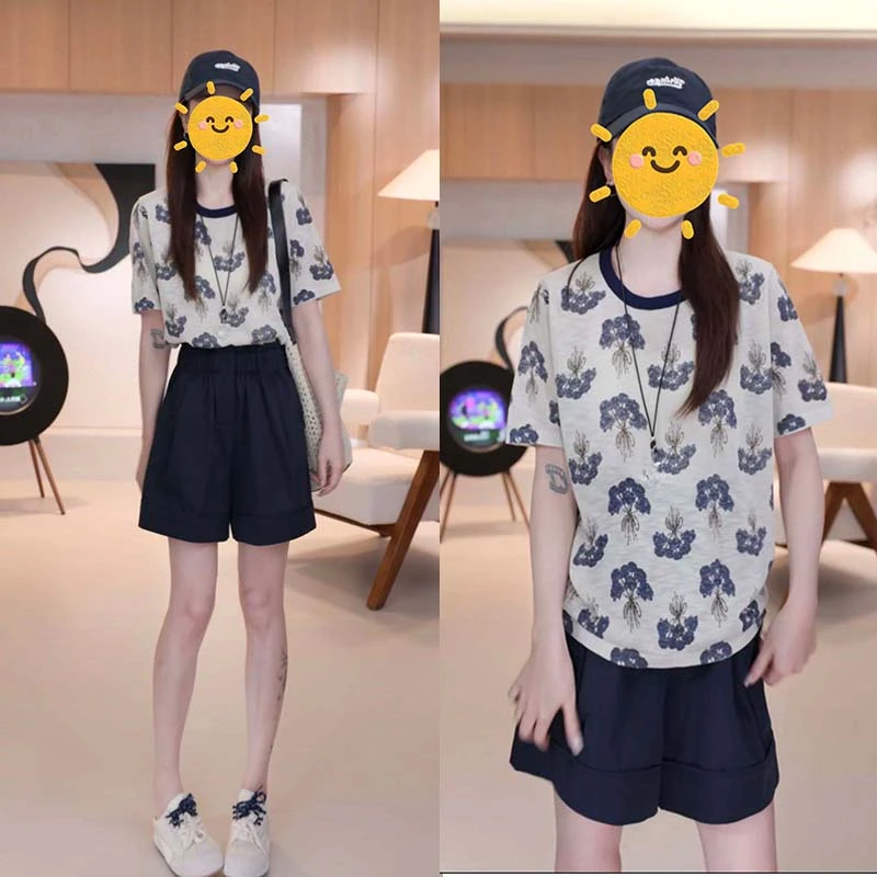 时尚撞色圆领夏天宽松慵懒花朵印花短袖针织衫上衣花苞裤两件套