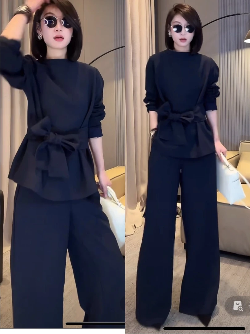 2025春季新款轻奢设计师早春时尚慵懒休闲系腰上衣阔腿裤套装西装