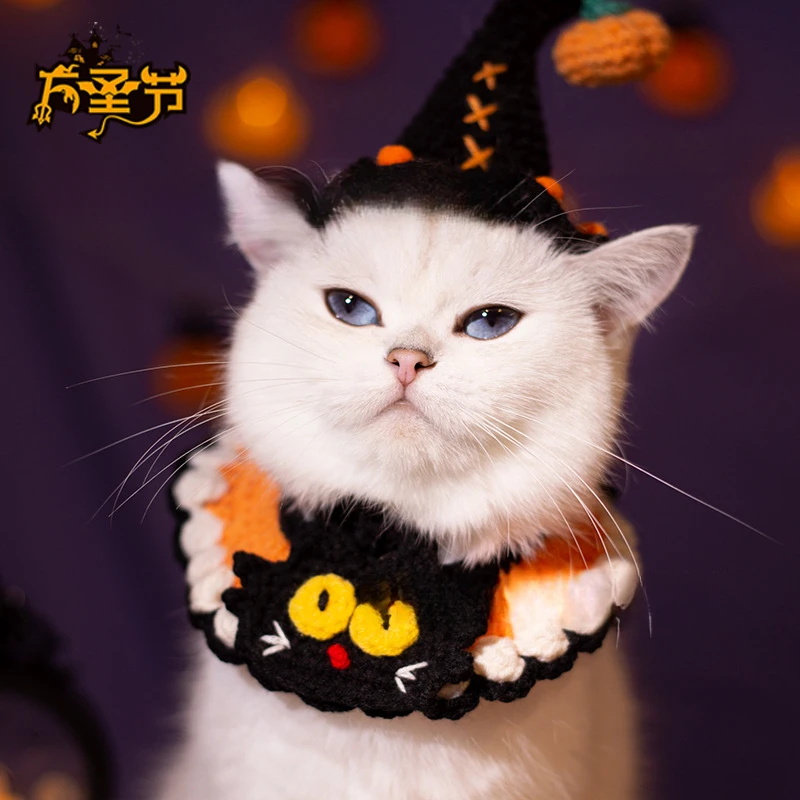 万圣节宠物围脖项圈围兜口水巾猫咪狗装饰鬼节手工编织毛线搞怪装