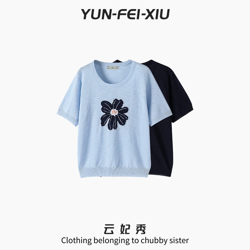 云妃秀大码女装T恤时尚百搭宽松显瘦胖妹妹圆领毛织短袖夏季5190