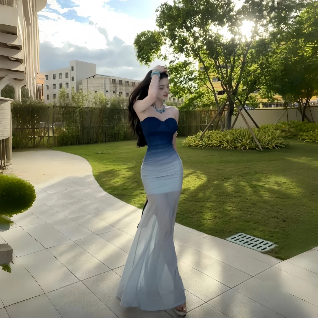 蓝色渐变色抹胸连衣裙度假风生日宴会成人礼气质礼服礼裙网纱长裙