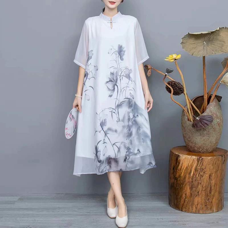 2025新款中国风印花盘扣旗袍裙女复古立领连衣裙