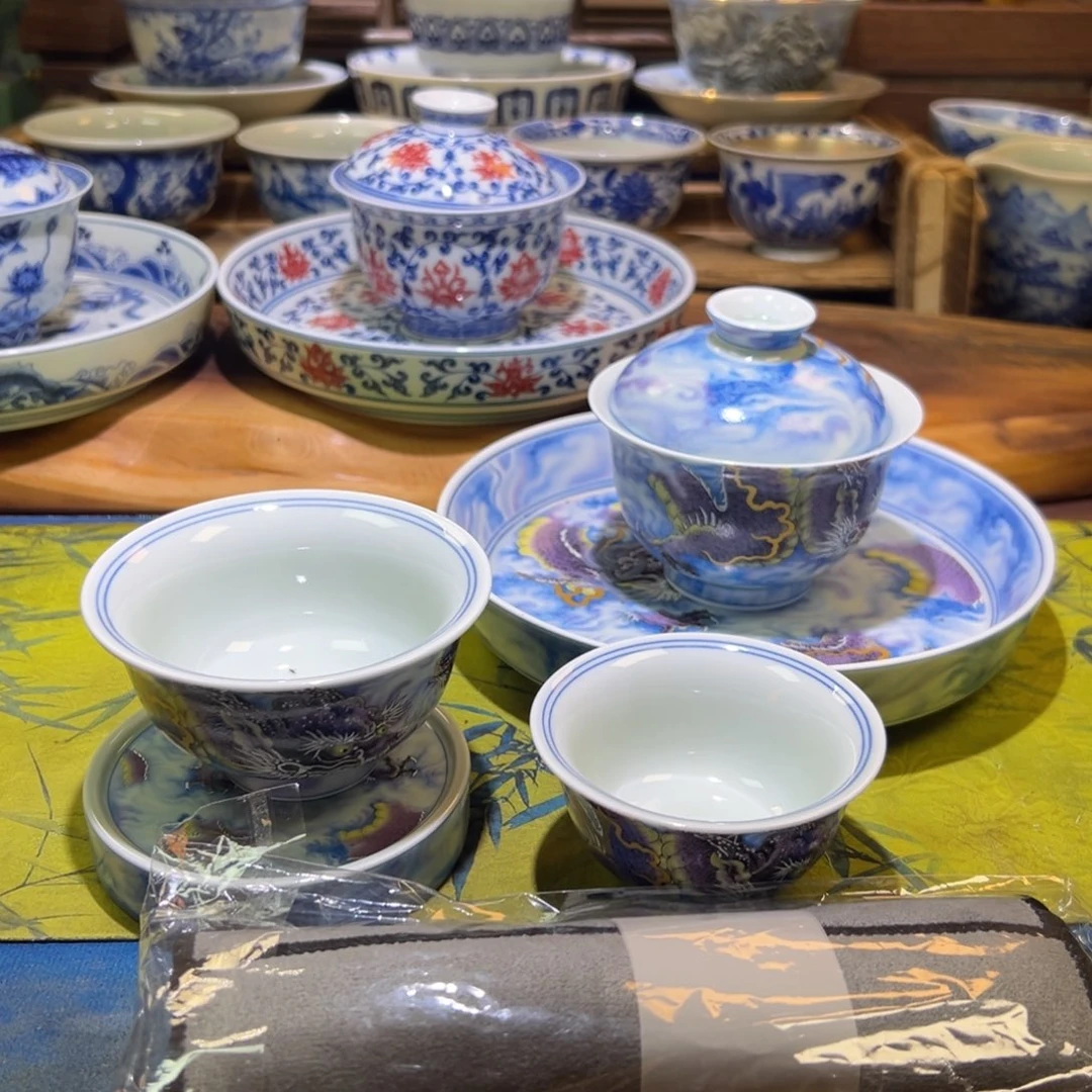 枪***稳景德镇陶瓷紫龙5件套，茶巾一条