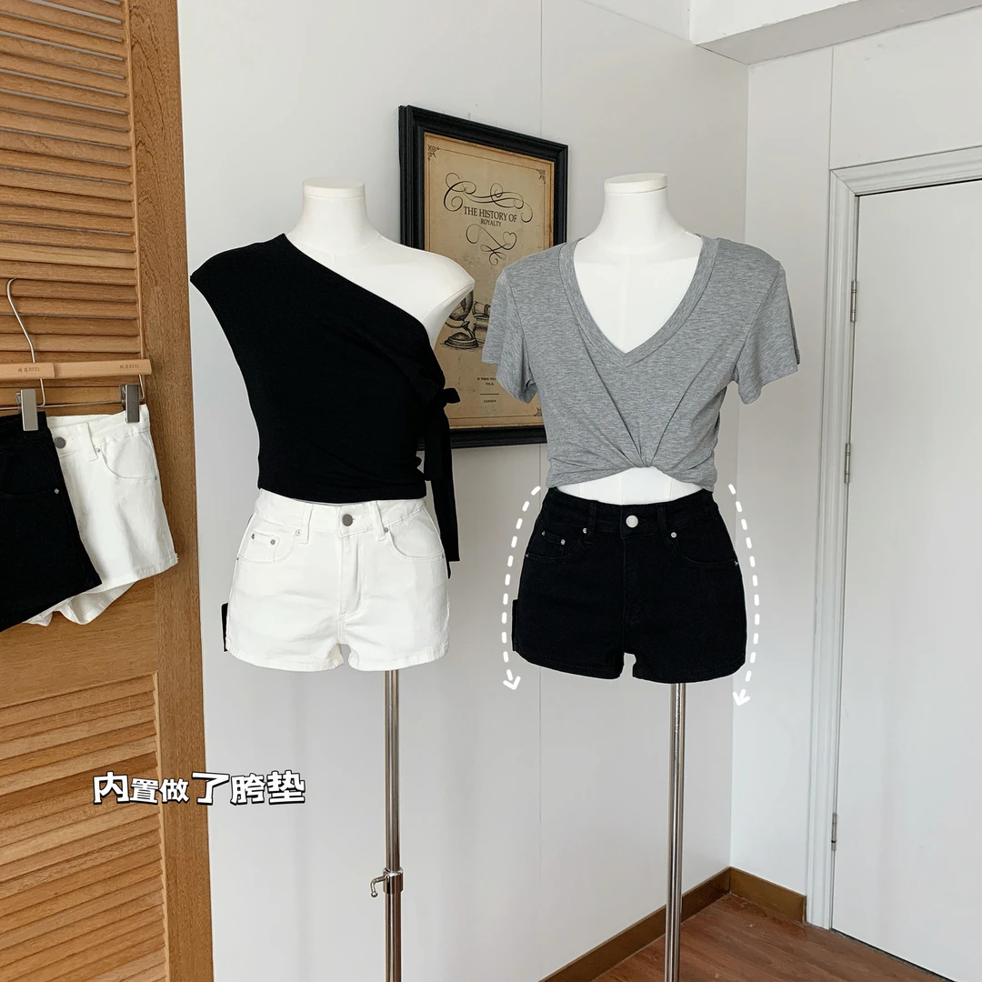 韩漫身材小蛮腰牛仔短裤女夏季美式辣妹高腰显瘦包臀丰胯热裤