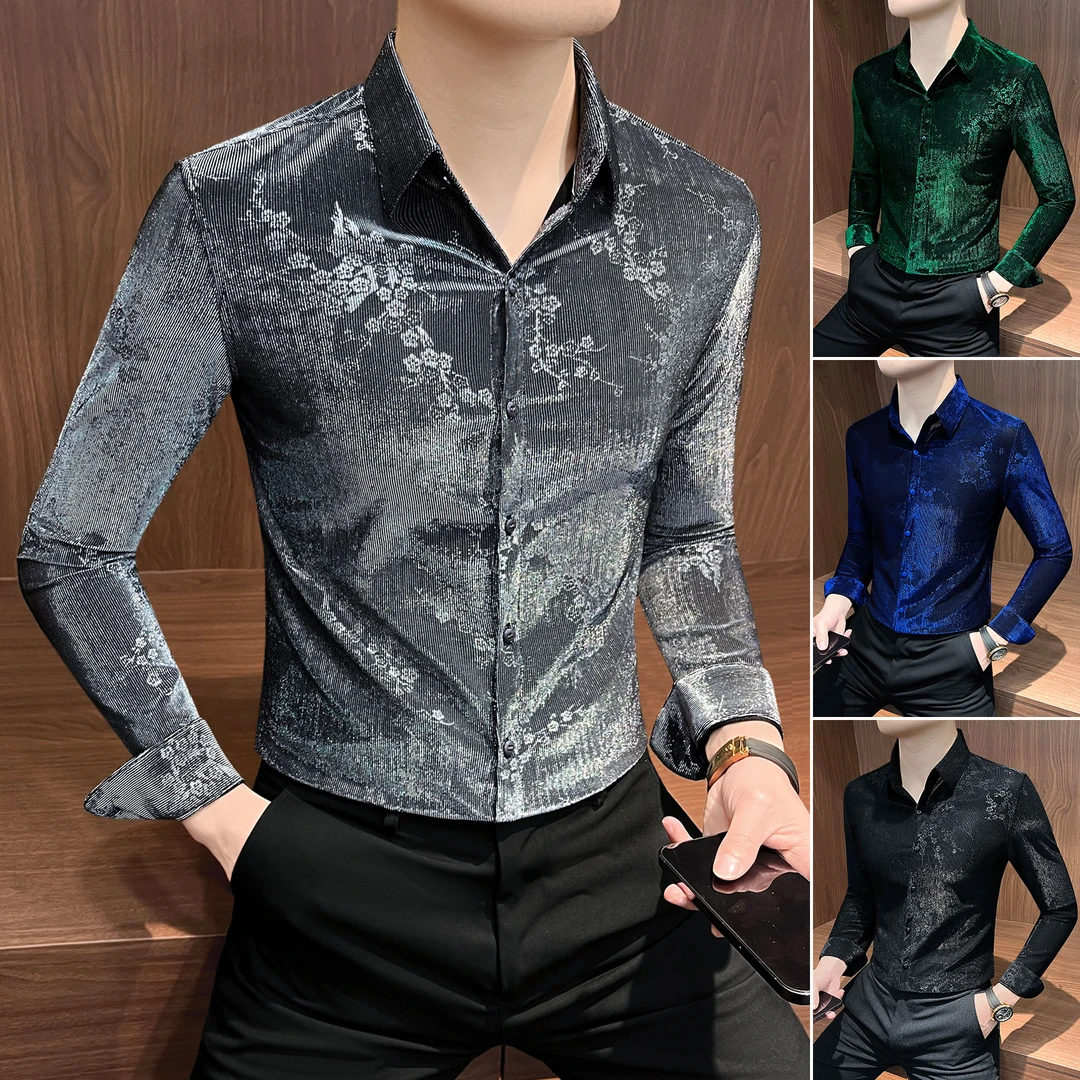 银丝碎花衬衫男款长袖痞帅高级感夜店男装秋冬设计感弹力男士衬衣