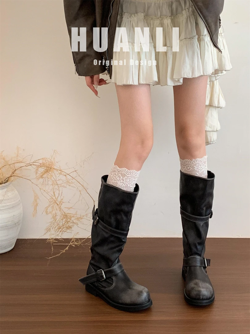 三福炸街辣妹复古擦色做旧长筒机车靴女粗跟中筒靴工装不过膝长靴