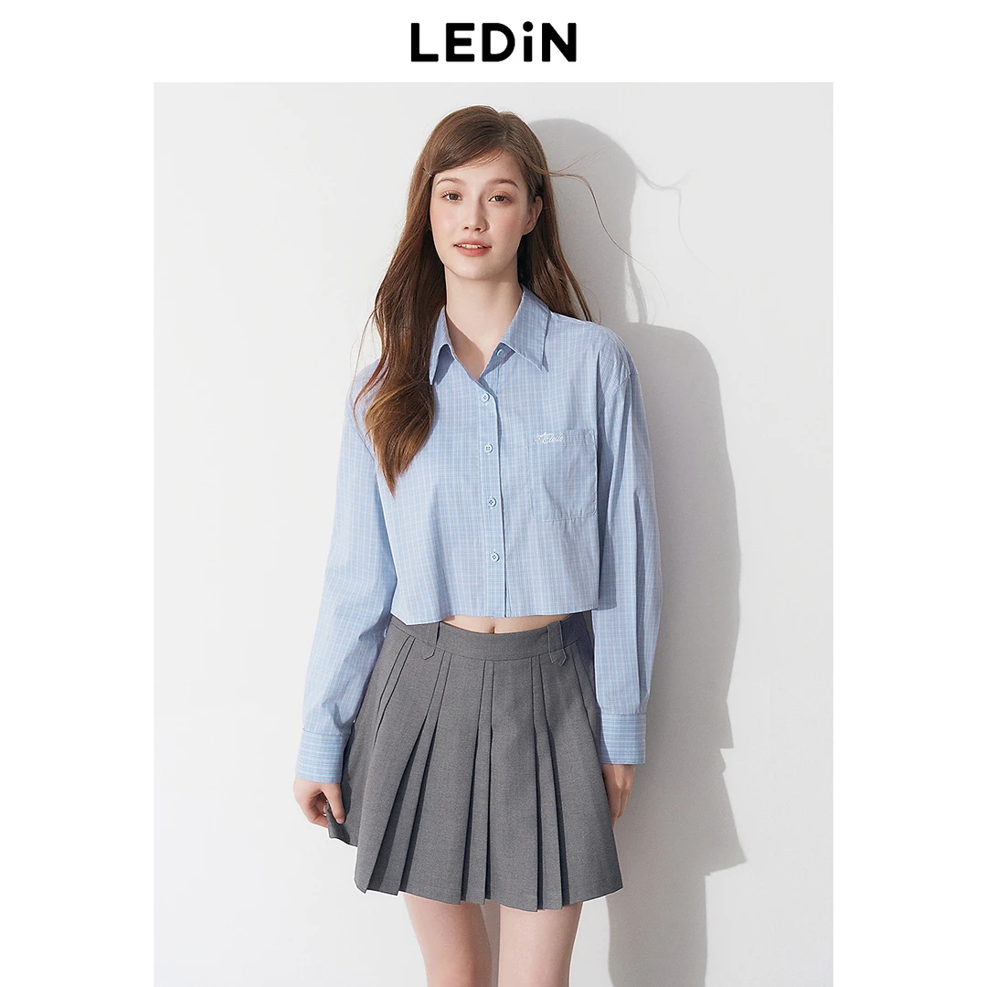 乐町韩系蓝格纹衬衫女2025年春季新款短款学院风少女长袖衬衣上衣